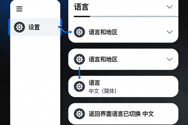 安卓版Telegram应用内语言设置步骤截图，展示从设置到选择中文的完整流程