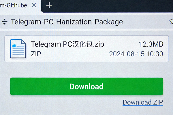 从GitHub下载Telegram PC汉化包文件ZIP压缩包的界面截图
