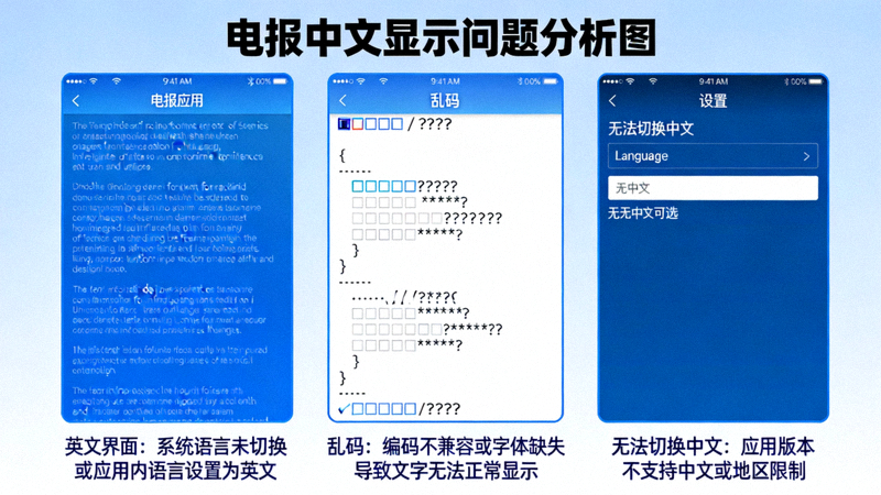 电报中文显示问题分析图，展示英文界面、乱码和无法切换中文三种常见情况