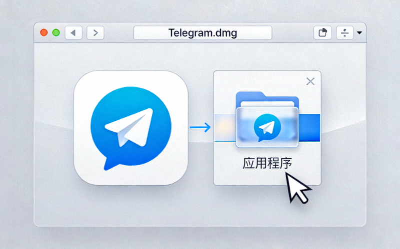 macOS系统打开Telegram的DMG安装包并拖拽到应用程序文件夹的示意图