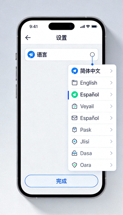 Telegram安卓版手机设置界面语言选择屏幕截图