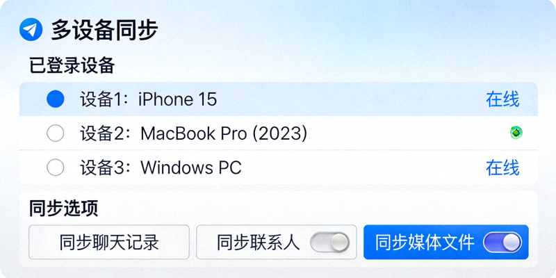 Telegram多设备同步设置界面截图，展示已登录设备列表与同步选项