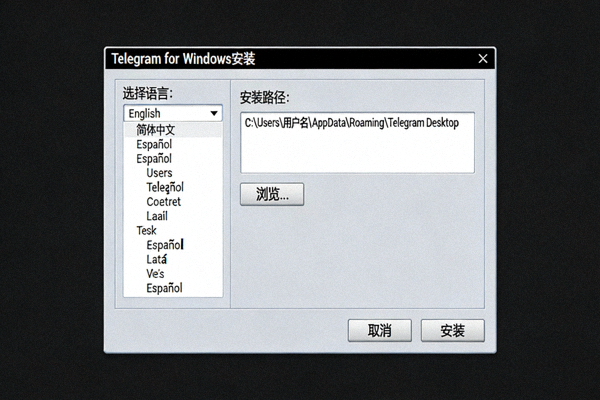 Telegram for Windows安装程序界面截图，显示语言选择和安装路径
