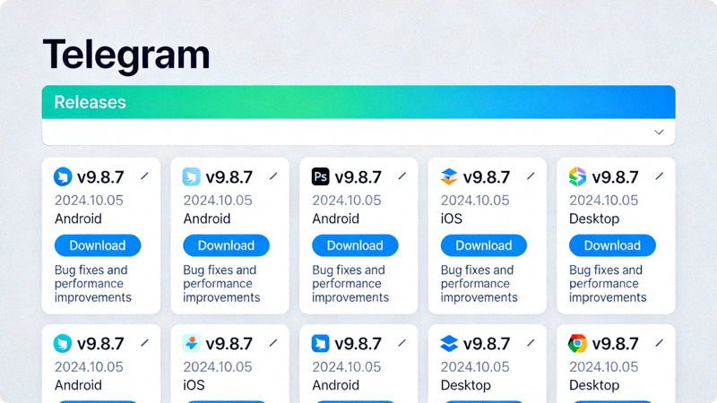 Telegram官方GitHub仓库发布页面截图，展示各版本客户端