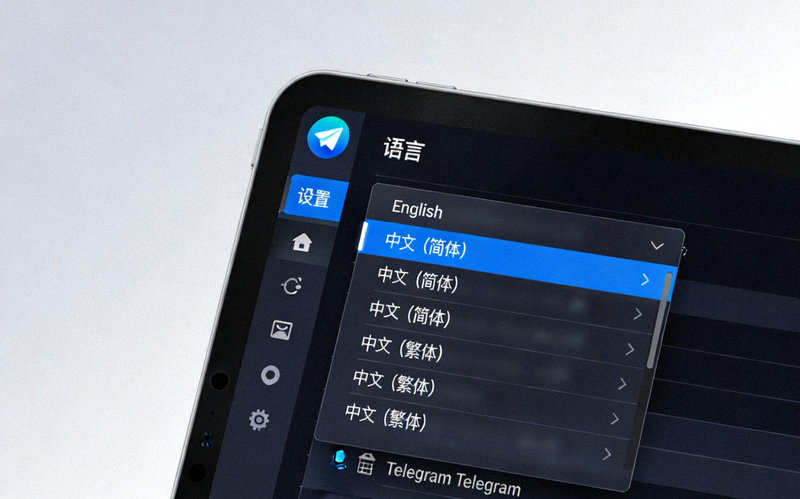 Telegram PC版设置界面中语言选择下拉菜单截图，展示选择中文选项