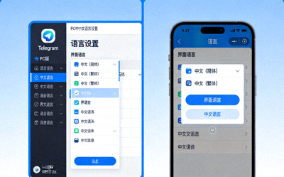 Telegram PC版与手机版中文语言设置界面对比图