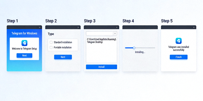 Telegram Windows版安装过程分步截图，展示安装向导界面