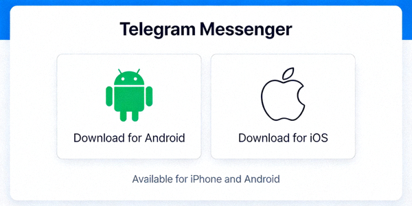 Telegram移动版官方网站界面截图，展示安卓和iOS下载选项